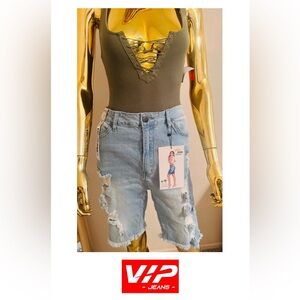 VIP Jeans Distressed Sculpting Stretch Jean Shorts, Knee Length, Size 15/16, NWT
